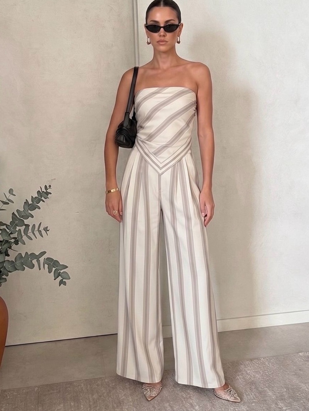 Commense Strapless Top & Wide-Leg Striped Set